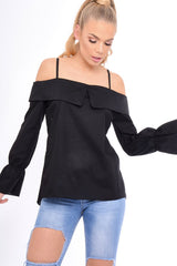 Black Bardot Strappy Bell Sleeve Top - Kandice-Tops