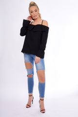 Black Bardot Strappy Bell Sleeve Top - Kandice-Tops