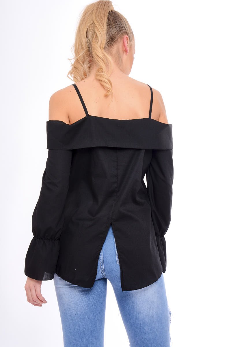 Black Bardot Strappy Bell Sleeve Top - Kandice-Tops