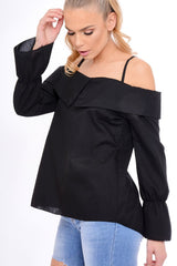 Black Bardot Strappy Bell Sleeve Top - Kandice-Tops
