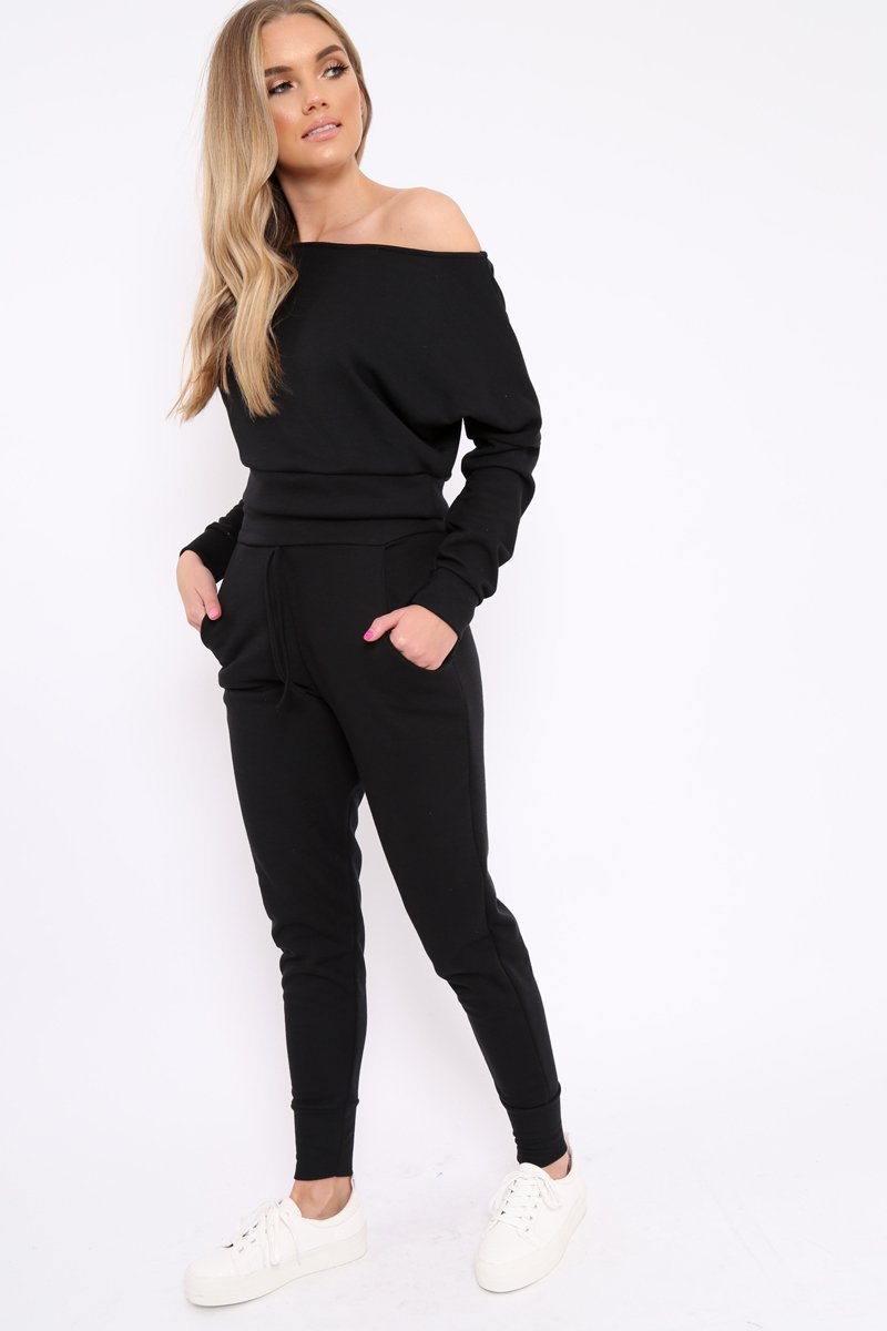 Black Bardot Sweatshirt and Joggers Loungewear Set - Marnie-Loungewear