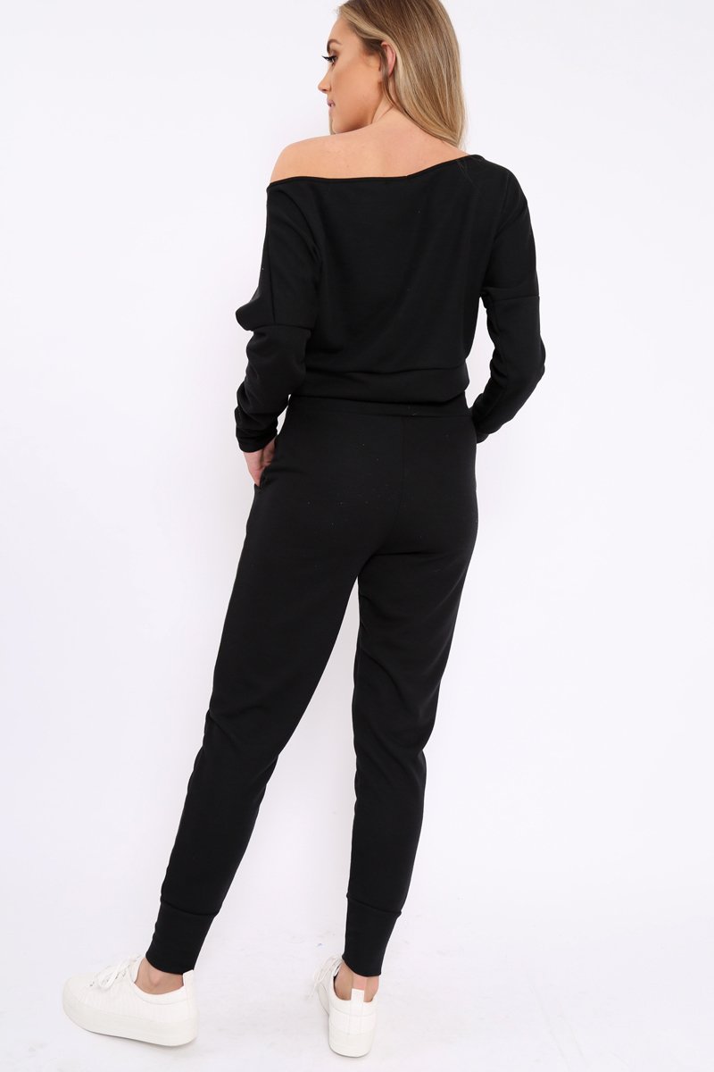 Black Bardot Sweatshirt and Joggers Loungewear Set - Marnie-Loungewear