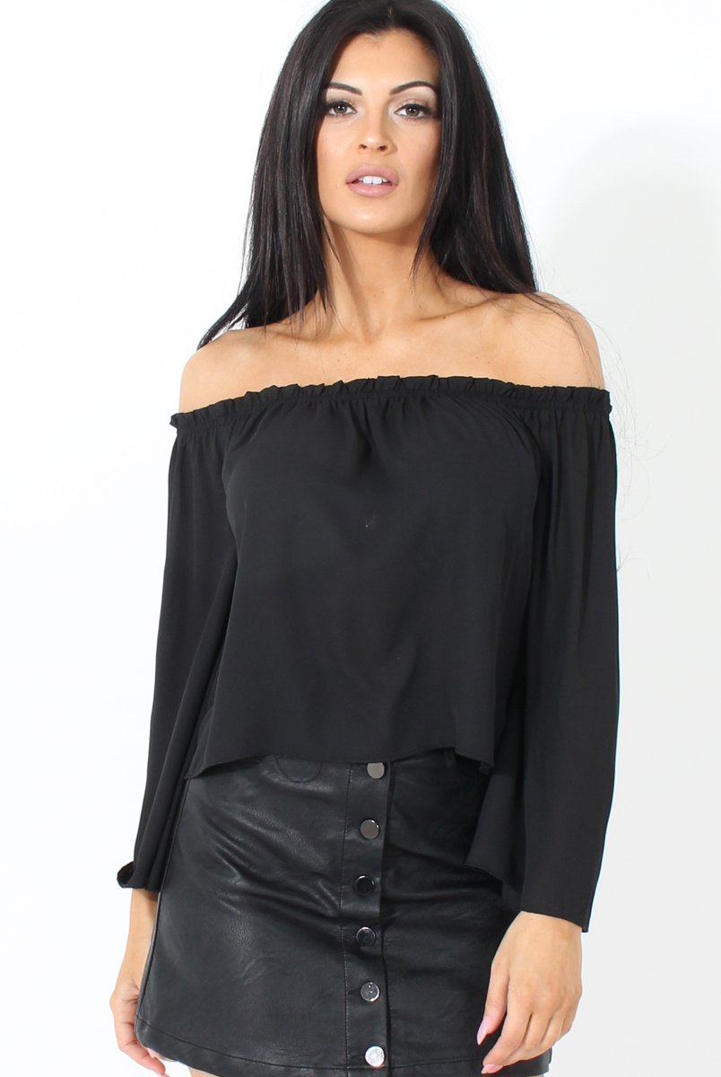 Black Bardot Three Quarter Bell Sleeve Crop- Chantelle-Dresses