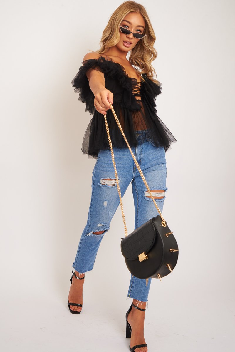 Black Bardot Tie Front Tulle Top - Jax-Tops