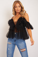 Black Bardot Tie Front Tulle Top - Jax-Tops
