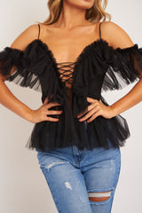 Black Bardot Tie Front Tulle Top - Jax-Tops