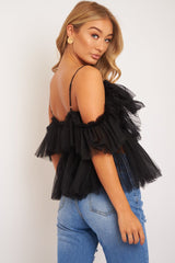 Black Bardot Tie Front Tulle Top - Jax-Tops