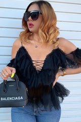 Black Bardot Tie Front Tulle Top - Jax-Tops
