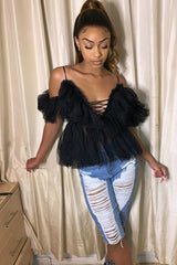 Black Bardot Tie Front Tulle Top - Jax-Tops