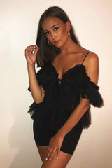 Black Bardot Tie Front Tulle Top - Jax-Tops