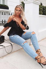 Black Bardot Tie Front Tulle Top - Jax-Tops