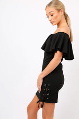 Black Bardot Tie Up Eyelet Dress - Myra-Dresses