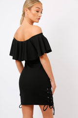Black Bardot Tie Up Eyelet Dress - Myra-Dresses