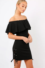 Black Bardot Tie Up Eyelet Dress - Myra-Dresses