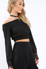 Black Bardot Top with Crochet Sleeve Trim - Evannah-Tops