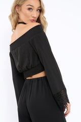 Black Bardot Top with Crochet Sleeve Trim - Evannah-Tops