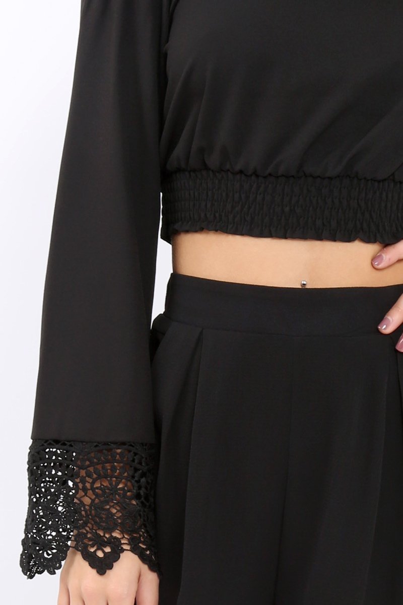 Black Bardot Top with Crochet Sleeve Trim - Evannah-Tops