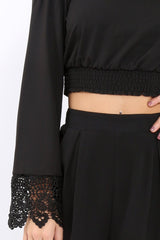 Black Bardot Top with Crochet Sleeve Trim - Evannah-Tops