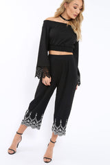 Black Bardot Top with Crochet Sleeve Trim - Evannah-Tops