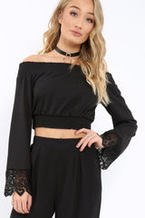 Black Bardot Top with Crochet Sleeve Trim - Evannah-Tops