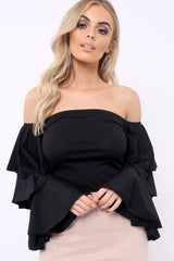 Black Bardot Top with Frill Sleeves - Brigid-Tops