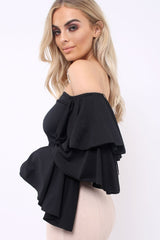 Black Bardot Top with Frill Sleeves - Brigid-Tops