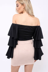 Black Bardot Top with Frill Sleeves - Brigid-Tops