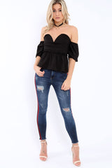 Black Bardot V Plunge Ruffle Hem Top - Norah-Tops