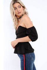 Black Bardot V Plunge Ruffle Hem Top - Norah-Tops