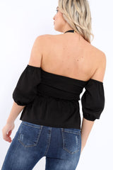 Black Bardot V Plunge Ruffle Hem Top - Norah-Tops