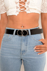 Black Basic Patent Double Circle Buckle Belt - Tansy-Belts