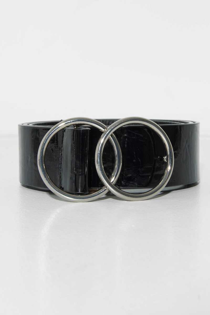 Black Basic Patent Double Circle Buckle Belt - Tansy-Belts