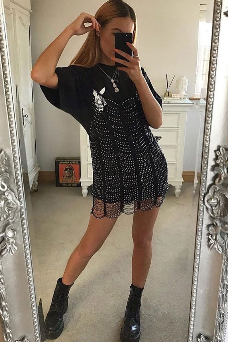 Black Beaded Net Drop Dress - Blessyn-Dresses