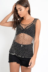 Black Beaded Net Drop vest - Christelle-Tops