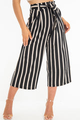 Black Beige Stripe Tie Front Culotte Trousers - Kaden-Trousers