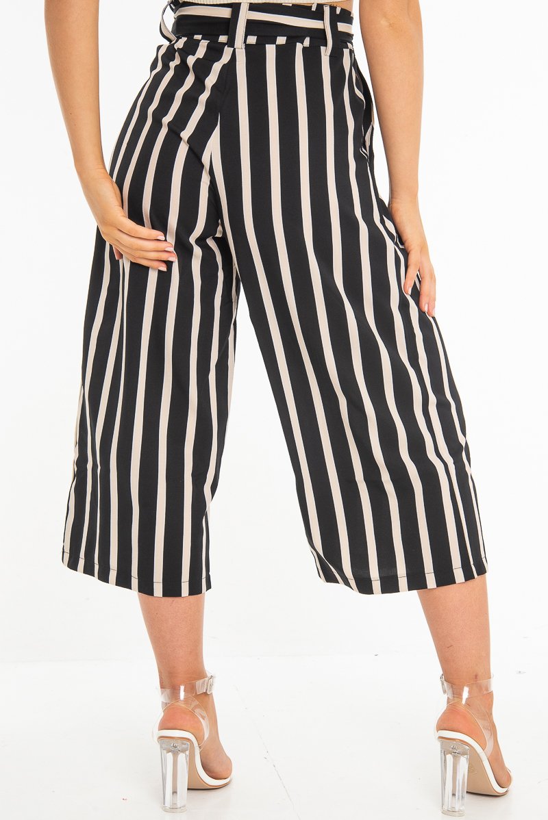 Black Beige Stripe Tie Front Culotte Trousers - Kaden-Trousers