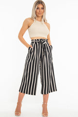 Black Beige Stripe Tie Front Culotte Trousers - Kaden-Trousers