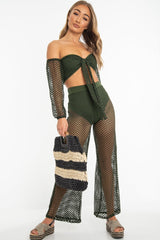 Black Beige Stripe Wooden Handle Straw Bag - Ebony-Bags