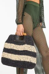 Black Beige Stripe Wooden Handle Straw Bag - Ebony-Bags