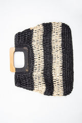 Black Beige Stripe Wooden Handle Straw Bag - Ebony-Bags
