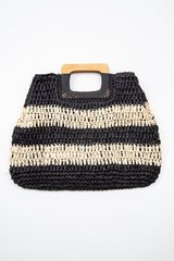 Black Beige Stripe Wooden Handle Straw Bag - Ebony-Bags