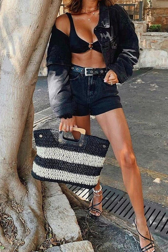 Black Beige Stripe Wooden Handle Straw Bag - Ebony