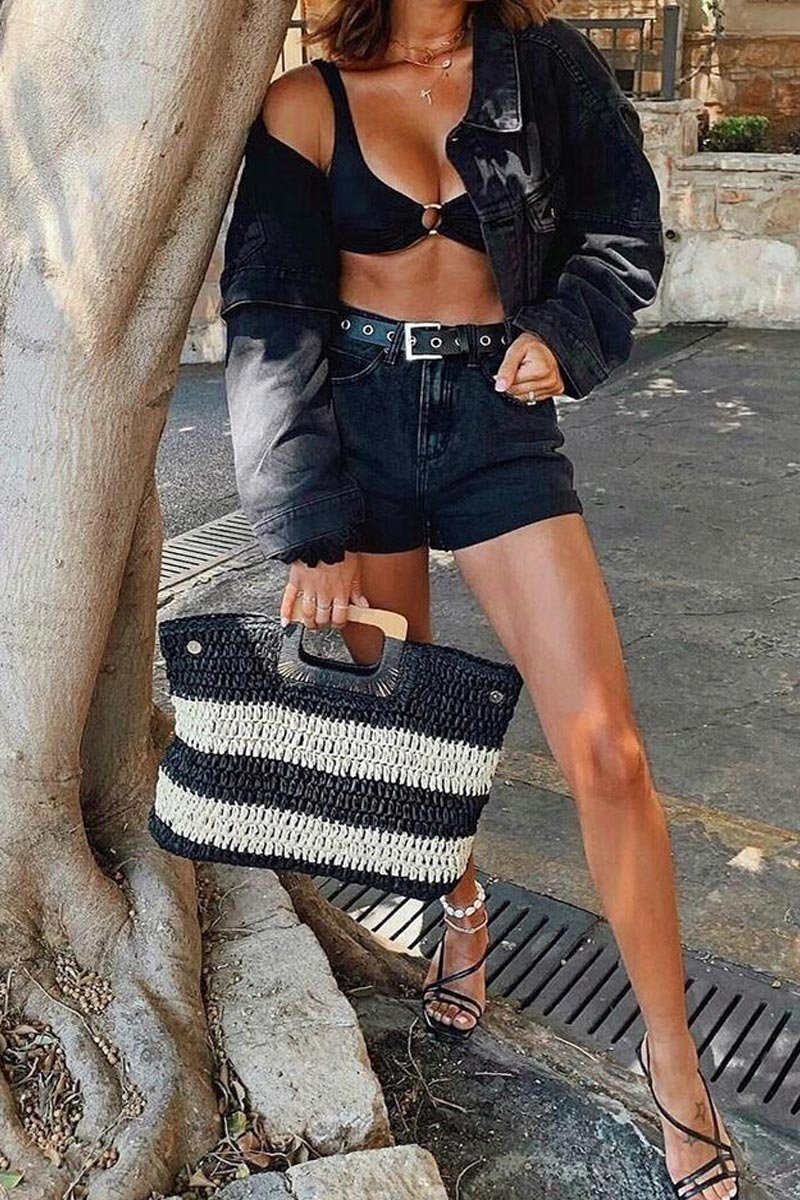 Black Beige Stripe Wooden Handle Straw Bag - Ebony-Bags