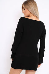 Black Bell Sleeve Extreme Hem Chunky Knit Jumper Dress - Paige-Dresses