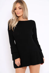 Black Bell Sleeve Extreme Hem Chunky Knit Jumper Dress - Paige-Dresses
