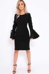 Black Bell Sleeved Dress with Lace up Detail - Faith-Dresses