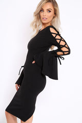 Black Bell Sleeved Dress with Lace up Detail - Faith-Dresses
