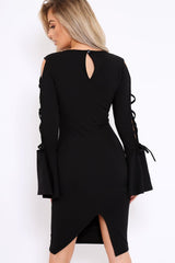 Black Bell Sleeved Dress with Lace up Detail - Faith-Dresses