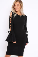 Black Bell Sleeved Dress with Lace up Detail - Faith-Dresses