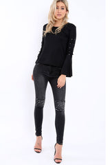 Black Bell Sleeved Top with Lace up Detail - Fate-Tops